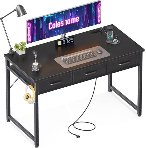 Coleshome Scrivania con Cassetti, 120x48 cm Scrivania Ufficio con Portacuffie, Scrivanias Salvaspazio con 2 Prese e 2 Porte di Ricarica USB per l'Ufficio in Casa, Nero