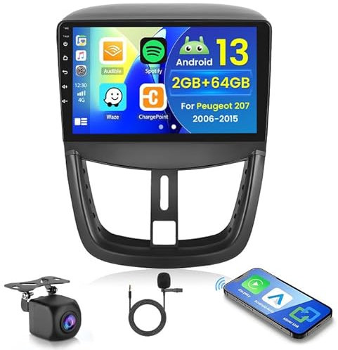 Hikity 2+64GB Android 15 Radio Coche para Peugeot 207 2006-2015 Radio Carplay Android Auto Inalámbrico IPS 9 Pantalla Táctil con Cámara Trasera Bluetooth GPS WiFi DSP FM RDS SWC