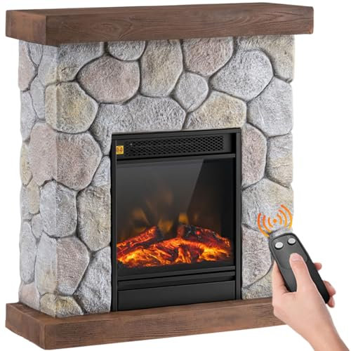 BAKAJI Chimenea eléctrica de pared con marco de aspecto de piedra, 2000 W, silenciosa, diseño moderno, calefacción de pared, termostato digital, efecto de fuego realista (Cortina)