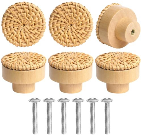 Ainiv Holz Tür Schubladengriffe, 6 Stück Rattan Möbelknöpfe, Boho Deko Schränke, Holz Kommodenknöpfe Schubladenknöpfe, Vintage Schubladenschrank Griffe für Küchenschränke Türknauf Schrankgriffe 4cm