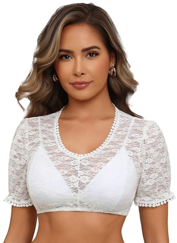Hotouch Dirndl blus dam vit spets traditionell blus kortärmad Dirndlblus puffärmar Oktoberfest kostym V-ringad eleganta blusar XS-3XL