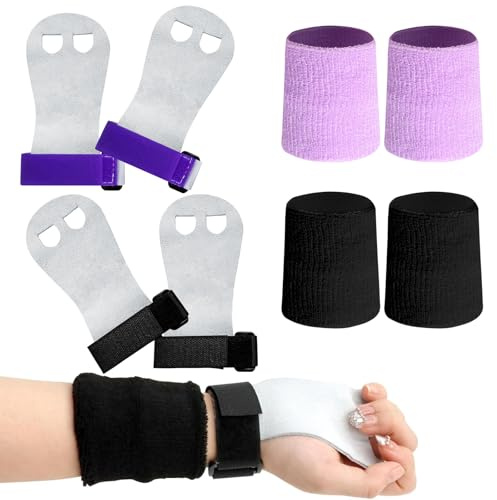 ZYNERY 2 Paar Turnen Griffpads mit 2 Paar Armbändern für Kinder, Gymnastikgriffe, Gewichtheben Gymnastik Sport Fitness Hand- und Handgelenkschützer Set für Mädchen Jungen Teenager (Schwarz + Lila)