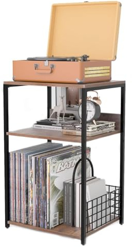 MayRecords Supporto per giradischi, tavolino con 3 ripiani in vinile, supporto per riporre fino a 100 album, supporto marrone per soggiorno, camera da letto