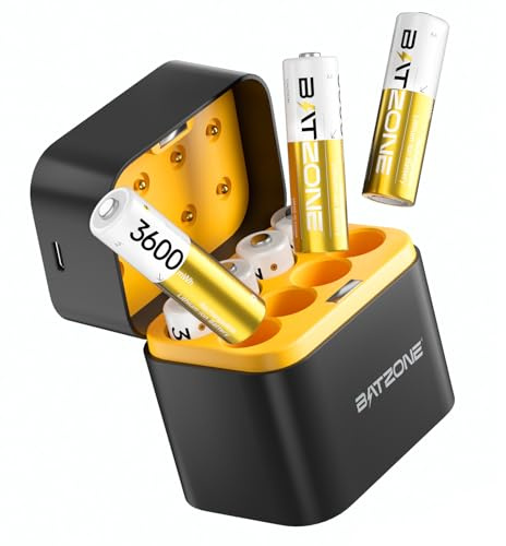 BATZONE 8xAA Rechargeable Lithium Batteries with Charger, 3600mWh High Capacity 1.5V AA Batteries,Long Lasting Rechargeable AA Li-ion Battery with Integrated Charing Storage Box