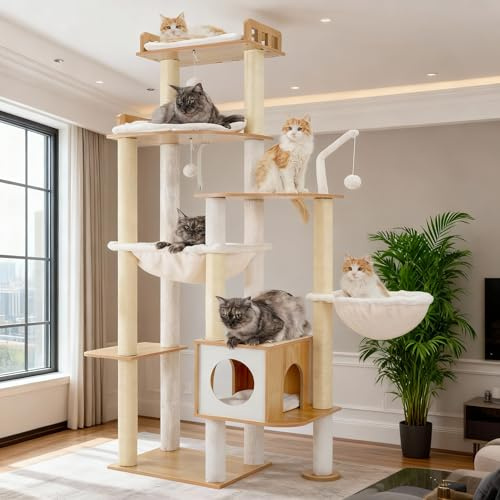 Heybly Árbol rascador para Gatos en Madera, 179 cm de Altura, con Plataforma Grande, Postes Rascadores de Sisal, Casita para Gatos y Hamaca, Construcción Robusta, Montaje Sencillo, Nogal HCT121WB