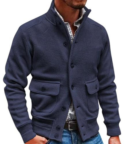 Cardigan da uomo con colletto alto, giacca invernale con bottoni e tasche, cardigan a maglia fine in tinta unita, pullover lavorato a maglia, sweater sportivo per fitness, giacca per il tempo libero e