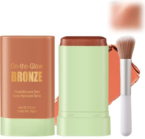 3-in-1 Cream Blush & Contour Stick with Brush – Multi-Use Highlighter & Bronzer Makeup for Cheeks, Lips Eyes – Blendable Waterproof Natural Glow Shimmer Finish Beauty Stick (Rose Bronze)