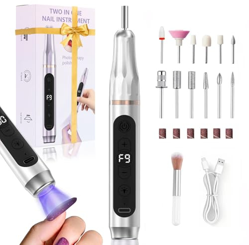 XunmotorYao Torno para Uñas Profesional, 2 en 1 Lima Eléctricas Uñas con taladro LED UV, 9 Velocidad Torno Uñas Ajustable con 12 Brocas y Pantalla LCD para Manicura y Pedicura,Plata