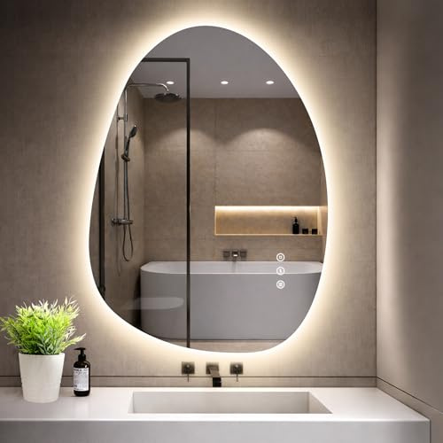 GIMBELEN Asymmetrisk badrumsspegel med belysning 75 × 55 cm, 3 ljusfärger, dimbar, anti-dimma, IP44 vattentät, LED-spegel badrum med touch-brytare, minnesfunktion horisontell/vertikal