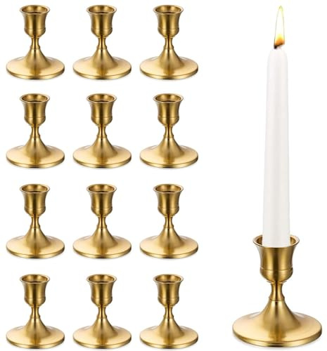 12 Candelabros Dorados Vintage, Portavelas de Metal para Velas Afiladas, Decoración de Mesa para Boda, Chimenea Navideña, Hogar