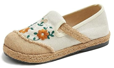 Espadrilles Femme Chaussures Lin Toile Broderie Fleurs Mocassins Plats Confortables Respirants Marche Style Ethnique Bohème Artisanal Semelle Caoutchouc Antidérapant Quotidiennes