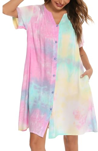 YOZLY House Dress Women Cotton Duster Robe Short Sleeve Housecoat Button Down Nightgown Multicolor Large