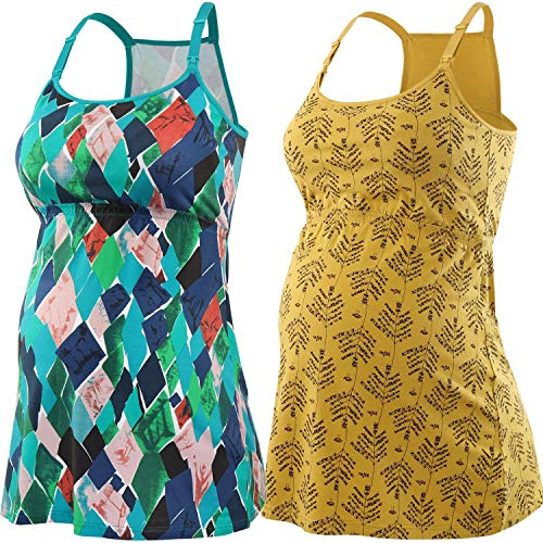 ZUMIY Camiseta sin mangas de lactancia para maternidad, camiseta de lactancia para embarazo, brasier para dormir para lactancia materna, Impresión amarilla + patrón verde/paquete de 2, S
