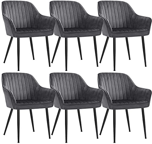 Songmics matrumsstol, set om 6, köksstol, fåtölj, sammet, stoppstol med armstöd, kan belastas upp till 120 kg, metallben, matsal/kök, gråbläcksvart LDC087G01-6