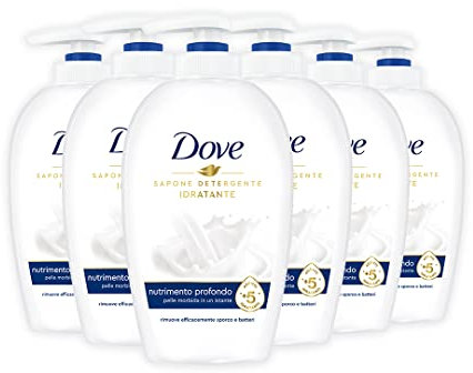 Dove, Sapone Liquido Mani Nutrimento Profondo, Sapone Detergente Mani Idratante, Rimuove con Efficacia Sporco e Batteri, con +5 Agenti Idratanti, Formula 99% Biodegradabile, 6 pezzi da 250ml