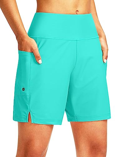 G Gradual Women's 7 Long Swim Board Shorts High Waisted Quick Dry Beach Swimming Shorts for Women with Liner Pockets(Cyan,M)