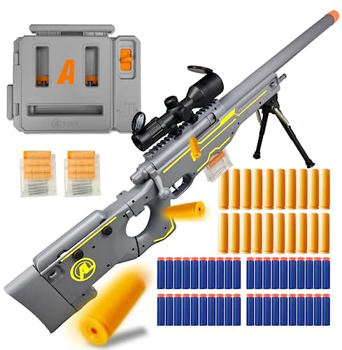 AGM MASTECH AWM Weiche Schaumstoff-Spielzeugpistole, Design mit auswerfenden Patronenhülsen, verbessertes Zielfernrohr, Dartlader, 40 weiche Schaumstoff-Darts, 20 Patronenhülsen, 2 Magazine.