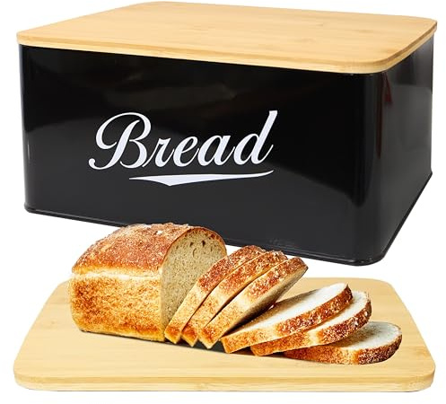 RoyalHouse Modern Metal Bread Box with Bamboo Cutting Board Lid