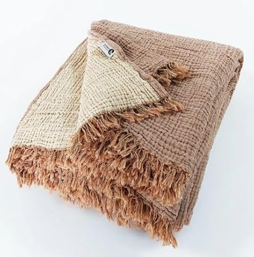 DestinyHomeTex Organic Cotton 4-Layer Muslin Queen Coverlet Bedspread (90 x 95 Inches) – Lightweight Top Layer, Dual Color, Ultra Soft & Breathable, No Ironing Required, Pre-Washed (Brown & Beige)