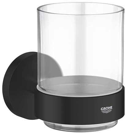 GROHE Start QuickFix Crystal Glass with Holder (Metal and Glass, Concealed Fastening, Including Screws and Dowels, Extra Easy to Fit QuickGlue), Size 106 x 99 mm, Matt Black, 411942430