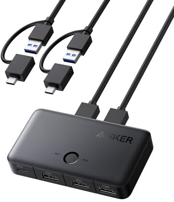 Anker commutateur KVM permet le passage entre 2 ordinateurs avec un simple clic. Avec câble USB-A 2-en-1 et 3 ports USB 3.0, il assure transfert rapide pour ordinateurs, claviers, souris, et plus