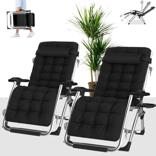 PMFRUG Liegestuhl Klappbar,Liege Balkon Gartenstuhl Sonnenliege Verstellbare mit GeträNkehalter Polster Gartenliege Relax Liegestuhl Wohnzimmer 2er Set (Schwarzes Kissen)