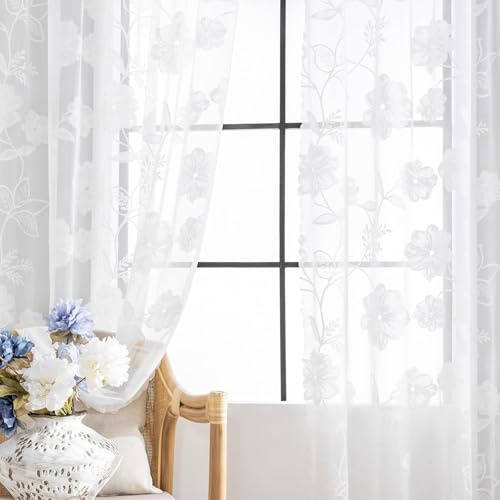 Treatmentex Visillos Cortina de Encaje Cortinas Blanco Translúcidas Florales de Habitacion Dormitorio Gasa con 8 Anillas Poliéster Elegante para Ventana Balcon Salón 140x225cm 2 Pieza