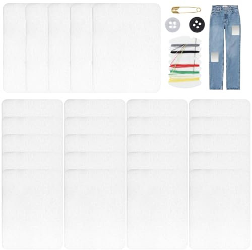 Giantree 25 Stück Flicken zum Aufbügeln mit Nähzubehör, 12.5x9.5CM Bügelflicken aus Baumwolle Jeans Flicken zum Aufbügeln Innen Bügelflicken für Innen-Außen Kleber Reparaturflicken(Weiß)
