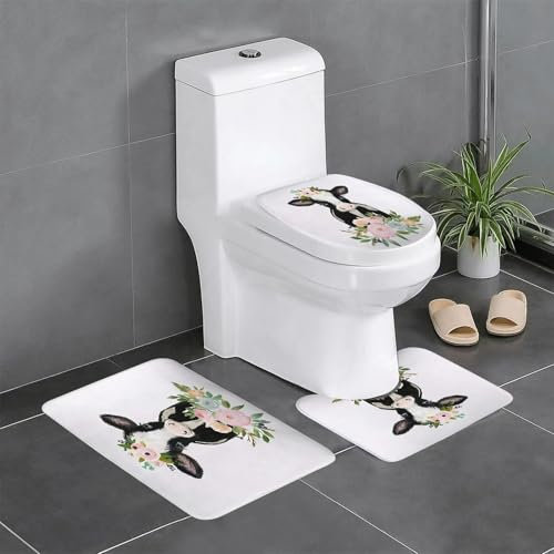 EYLOZS Badezimmerteppich Set 3 Teilig Waschbar rutschfeste Badematte Toilettenmatte Weich Saugfähige Badteppiche,Kuh mit Blumen, Rosen und Beeren - Aquarellillustration isoliert auf weißem Hgrund. Ha