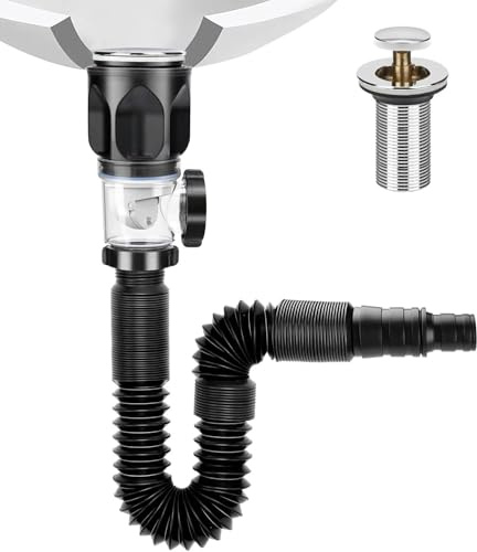 Kit de bonde de lavabo avec bouchon de vidange pop-up en PVC, kit de siphon de 300 à 800 mm, peut être étendu pour un drainage de 1-1/4 et 1-1/2