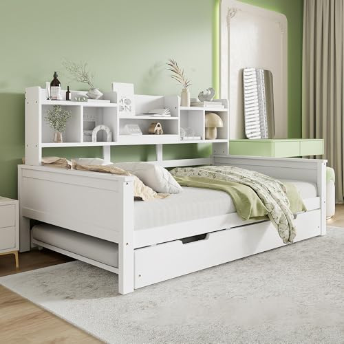 Zepneiy Canapé lit 90×200 cm, lit gigogne 90×190 cm, avec Rangement, sommier à Lattes en pin, lit Simple Multifonctionnel, Blanc (sans Matelas)