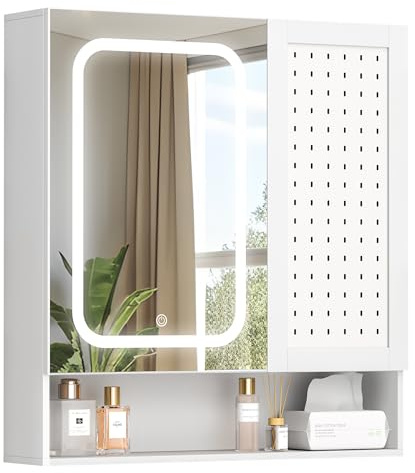Pamapic Armario Baño con Espejo y Luz LED,Armario de Baño con Panel Perforado,70x75CM Mueble de Pared, Armarios de Pared y Estantes Ajustable para Sala de Estar,Lavabo,3 Colores Regulables,Blanco