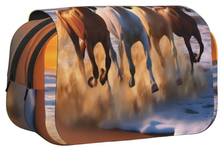 XKBFKLKMC Grande trousse à crayons avec impression 3D et double fermeture éclair - Organiseur de papeterie élégant pour l'école, les étudiants, les filles, les garçons et les adultes, Chevaux sur la