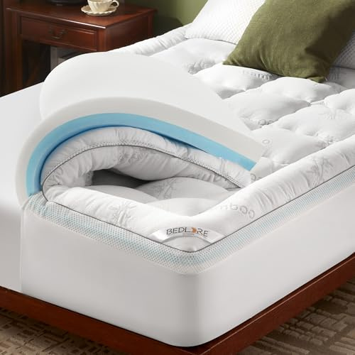 BEDLORE Mattress Topper Kingsize Bed,2-in-1 Dual Layer Design (2 Gel Memory Foam + 2 Plush Top Cover) Memory Foam Mattress Topper Medium-Firm, Pressure& Back Pain Relief (White)