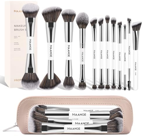MAANGE Make-up-Pinsel-Set 12-teilig mit Reiseetui – Premium-synthetische Doppelendpinsel für Foundation, Concealer, Lidschatten & Verblenden