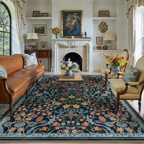 PureCozy Matta, vardagsrum, 200 x 300 cm, tvättbart blommönster, kort lugg, halkfri, mjuk, boho, vintagemattor, stor för sovrum, matsal, sovrum, vardagsrum, blå