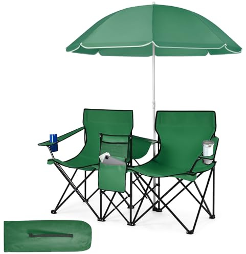 GOPLUS Silla de Camping 2 Plazas con Sombrilla, Sillón Doble con Bolsillo, Portavasos y Bolsa de Transporte, Silla Plegable Portátil para Playa Pesca Barbacoas Picnic (Verde)