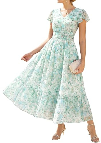 GRACE KARIN Abito estivo da donna con maniche a volant, scollo a V, linea ad A, floreale, con tasche, fiori bianchi e verdi, M