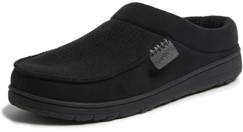 Dearfoams Men's Brendan Microfiber Suede Clog Slipper, Black (Perforated), Medium