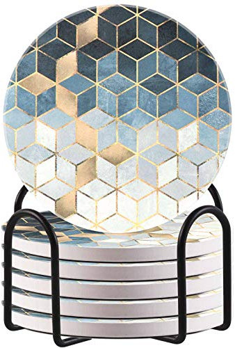 HAOCOO Getränkeuntersetzer rund mit Halter (6er Set) (Würfel)