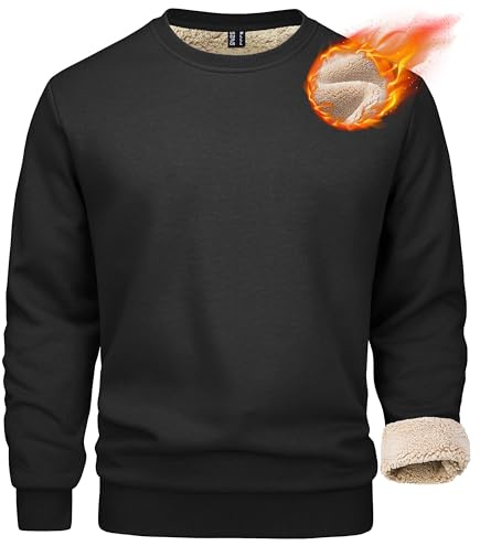 MAGCOMSEN Men's Crewneck Winter Sherpa Thick Sweatshirt - Cotton Fleece Lined Casual Warm Black