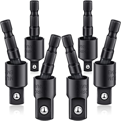 Honoson 6 Pieces Power Drill Sockets Adapter Set Impact Driver Wobble Socket Adapter 360 Degree Rotatable Hex Shank Impact Driver Socket Drill Bits 1/4, 3/8, 1/2 Inch, Black