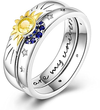Hapour Conjunto de anillos de sol y luna selestiales, anillos celestiales apilables de joyería de luna de plata de ley, anillo de promesa de amistad, regalo para sus mujeres