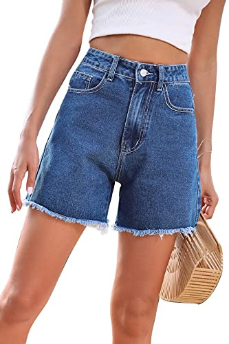 GOLDPKF Womens Denim Jean Shorts Ladies Cotton Casual Button Middle Length Knee Shorts Stretch Summer Hot Pants Dark Blue UK Large