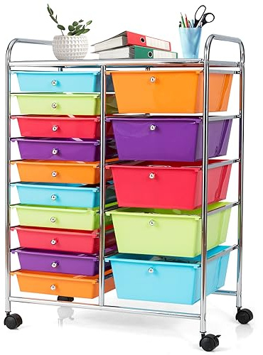 KOMFOTTEU Rollwagen mit 10/15 Schubladen stapelbar, Badrollwagen Rollcontainer mit Metallrahmen, Allzweckwagen Haushaltswagen Beistellwagen für Bad & Küche (Mehrfarbig, 15 Schubladen)