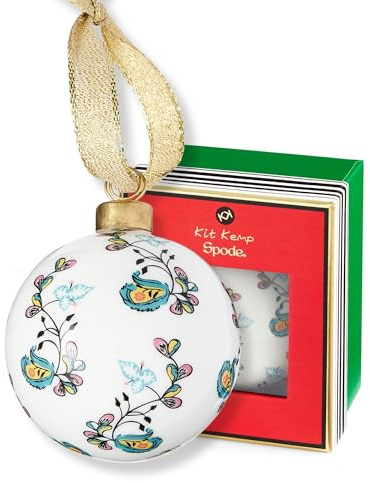 Spode Kit Kemp Psycho Sprig Yellow Bauble Christmas Bauble, Handcrafted Porcelain Festive Keepsake, Personalized Holiday Ornament & Luxury Holiday Tree Decoration & Gift for Home