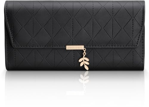 Aucuu Women's Wallet, Long Purse, PU Leather Purse, Compact Tri-Fold Wallet Large Capacity snap Coin Pouch with Multiple Card Slots and Coin Zipper Pocket- Black