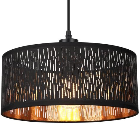 FRIDEKO HOME Suspension Noir Or,Moderne Lampe à Suspendre Plafonnier E27 Rond Abat-jour Tissu Lampe à Suspendre pour Salon Salle à manger Chambre à coucher