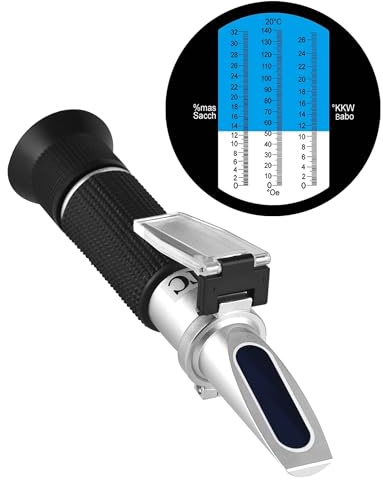 LAOYE Refractómetro Vino 0-32 Brix (azúcar) 0-140 Öchsle 0-27 KMW Öchslewaage Refractómetro Vinificación ATC Refractómetro para medir el contenido de azúcar para la viticultura, guía DE