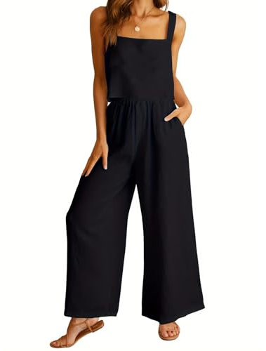 YOMORIO Damen Sommer Zweiteiler Outfit Set Ärmellose Oberteil Top und Hose Elegant Sommer Outfits Baumwolle, Leinen Lockere Westenanzug Aus Baumwolle Und Leinen Freizeitanzug mit Taschen Hosenanzug